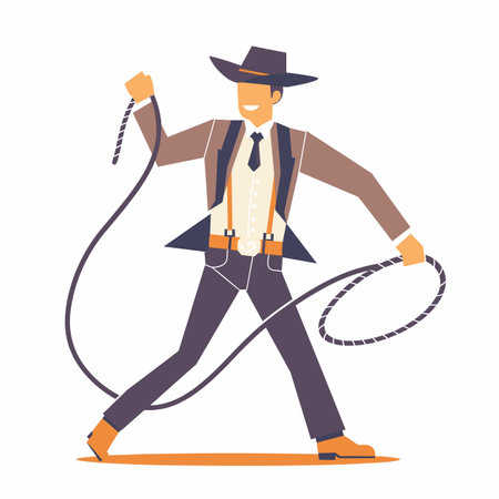 Cowboy character swinging lasso, dressed western attire against plain background. Male figure styled Wild West lasso twirler, wearing hat boots, exudes confidence. Animated cowboy illustrationのイラスト素材