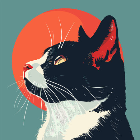 Black white cat profile against red sun, stylish feline portrait, elegant cat illustration. Domestic animal, red circle background, vintage poster style art. Whiskers, shining eyes, majestic lookingのイラスト素材
