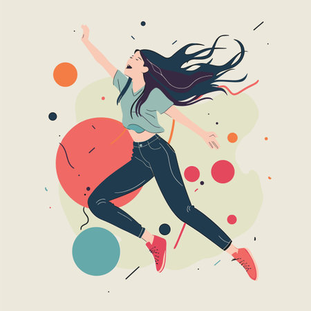 Young woman dancing happily amongst colorful abstract shapes. Female illustrated character joyful, freedom, celebration concept. Casual attire, dynamic pose, hair flowing, exuberanceのイラスト素材