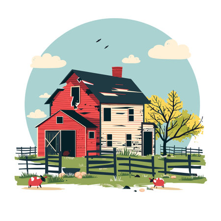 Red barn farmhouse countryside autumn fall season, grazing pigs wooden fence yellow tree birds sky. Rustic farm life illustration pastoral autumnal setting, nature peaceful vector graphic artのイラスト素材