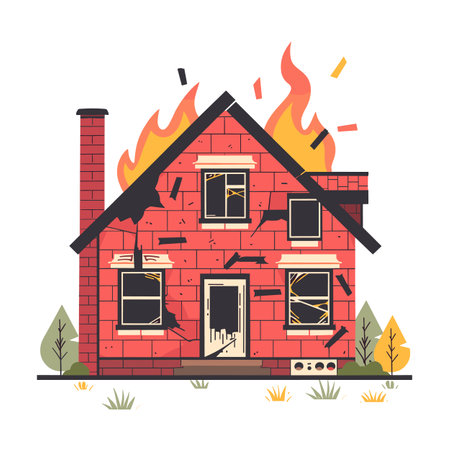 Red brick house engulfed flames, damage visible, emergency situation depicted. Cartoon style burning home illustration, fiery disaster concept, vibrant colors. Residential building fire, safetyのイラスト素材