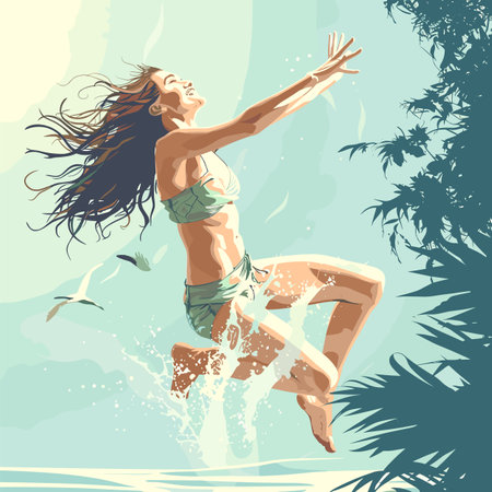 Woman enjoying beach, splashing water, happy carefree, tropical vacation, sunlit. Female wearing bikini leaping, hair flowing, joyous expression, summer fun. Exuberant dance near sea, palmsのイラスト素材