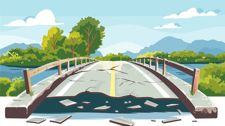 Collapsed bridge over river, broken road structure, natural disaster aftermath. Damaged bridge pieces fallen into water, unsafe passage scenario, emergency situation. Destroyed infrastructure, riverのイラスト素材