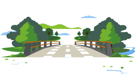 Cartoon bridge crossing over serene river, surrounded lush green trees bushes under clear sky. Simple road passes through peaceful countryside landscape, leading charming wooden bridge. Flat designのイラスト素材