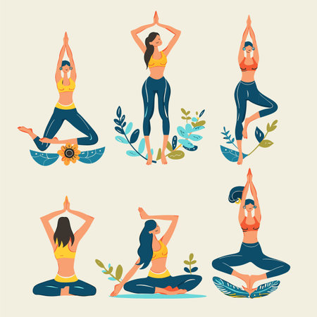 Women practicing yoga poses surrounded decorative leaves, displaying balance, flexibility, tranquility. Different yoga positions including standing seated postures, showcasing health wellnessのイラスト素材