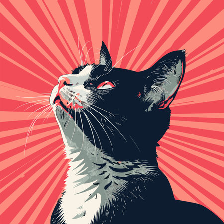 Black white cat licking paw, artistic vector illustration red radial background. Domestic feline grooming itself, pop art style, vibrant contrast colors. Cat cleaning whiskers, stylized graphicのイラスト素材