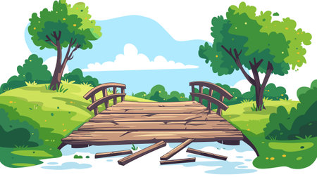 Wooden bridge damaged after storm peaceful park scene. Cartoon style drawing broken walkway over serene pond, lush greenery. Bright colors depict sunny day trees tranquil landscapeのイラスト素材