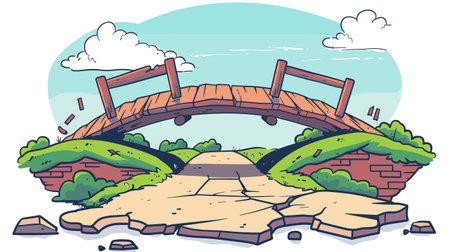 Cartoon wooden bridge over creek damaged collapsing. Broken wooden planks fall weathered bridge, disconnecting pathways. Landscape deteriorating bridge, bricks foliageのイラスト素材