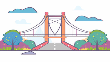 Suspension bridge illustration vibrant colors, cartoon style, landscape view. Steel bridge structure, colorful trees, bushes, pastel sky backdrop. Vector drawing park scene, tranquil environmentのイラスト素材