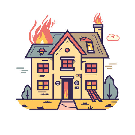 Twostory house fire, colorful cartoon style, flames roof chimney. Yellow house, red flames, emergency situation, broken window, fire illustration. Fire damage, home disaster, residential sceneのイラスト素材