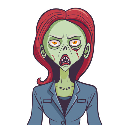 Angry female zombie cartoon character wearing attire, red hair, green skin, stitched. Office zombie female, horrorthemed cartoon, undead illustration. Angry ladyのイラスト素材