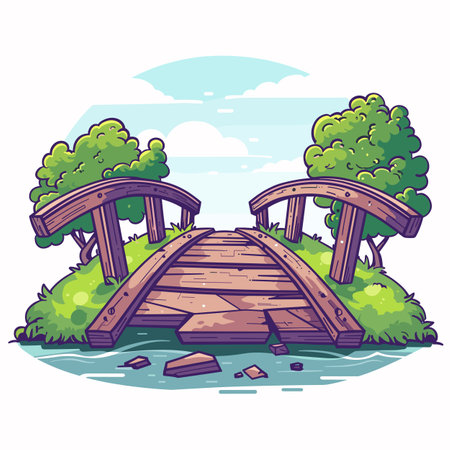Cartoon wooden bridge over water, surrounded greenery under blue sky. Damaged planks bridge, creating safety hazard serene landscape. Lush trees flank old arched bridge, reflecting calm river waterのイラスト素材