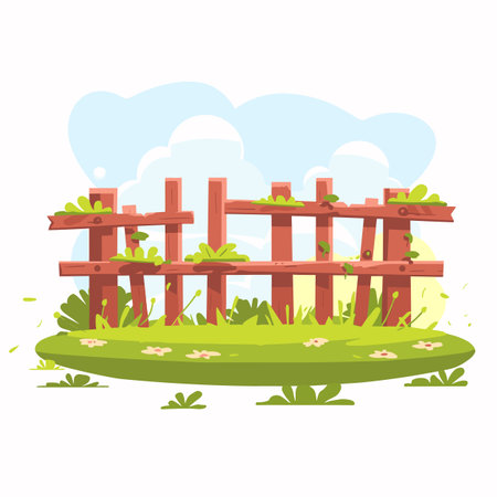 Wooden garden fence surrounded lush greenery under clear sky. Vibrant cartoon style illustration garden scene wooden fence, grass, flowers. Bright colorful depiction sunny day peaceful settingのイラスト素材