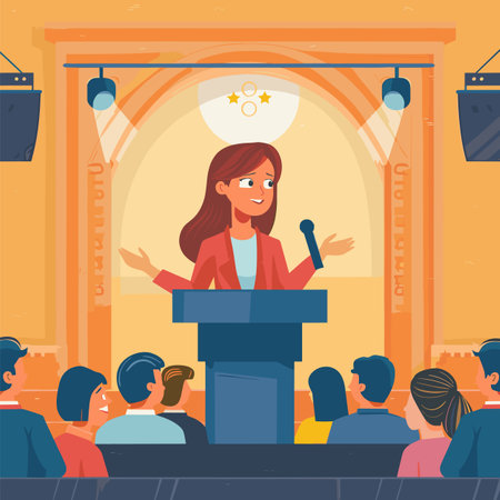 Woman speaker podium addressing audience conference hall, professional presentation, business seminar. Female public speaker giving talk event, audience listening, educational lecture. Confidentのイラスト素材
