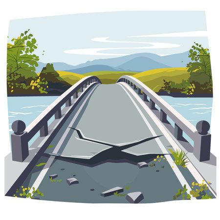 Cracked bridge over river cartoon, damage structure collapse concept art. Broken bridge nature landscape, riverbank, hills backdrop, safety risk. Cartoonstyle damaged illustration, infrastructureのイラスト素材