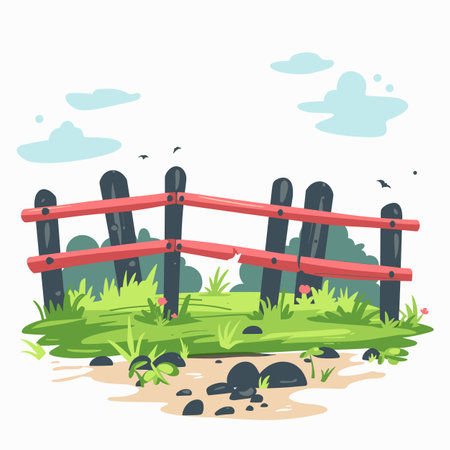 Rustic wooden fence enclosing lush green meadow, serene farm scene. Pastoral landscape, cartoon countryside wooden barrier, verdant grasses, peaceful nature. Flat design vector graphic, country farmのイラスト素材