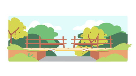 Broken wooden bridge vector illustration, gap between edges, countryside landscape. Cartoon style damaged bridge, disconnected pathway, sunny day outdoor scene. Vector graphic broken bridgeのイラスト素材