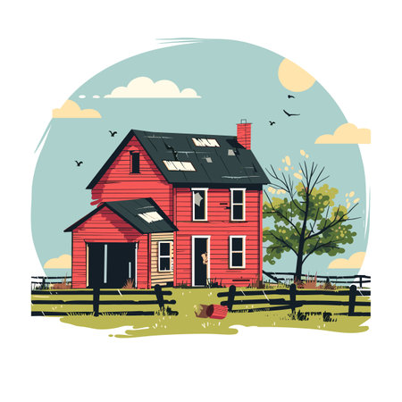Red farmhouse countryside scene serene day. Damaged rooftop vintage house, pastoral view, tranquil. Rustic home facade, neglected garden, peaceful natureのイラスト素材