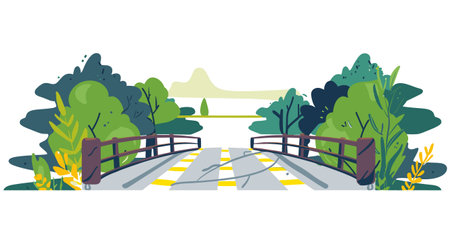 Rural road crossing wooden bridge amongst lush greenery under cloudy sky. Flat style cartoon illustration countryside landscape, roadway dashed center lines leading through nature. Scenic routeのイラスト素材