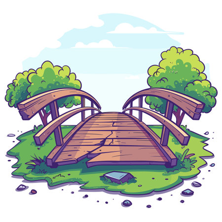 Wooden bridge over stream cartoon style, lush greenery scenic park. Small arched footbridge, tranquil nature scene illustration. Wooden planks, railings scenic landscape backgroundのイラスト素材