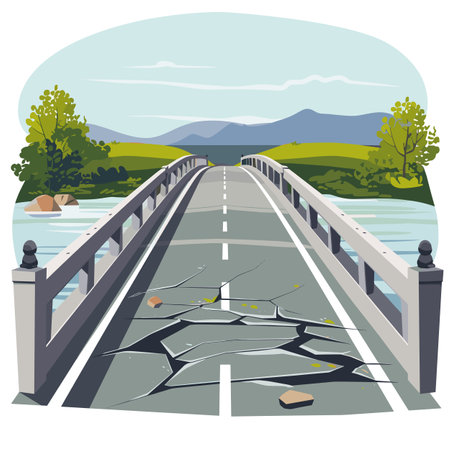 Damaged bridge illustration showing broken road cracks asphalt pieces, surrounded railings, trees, hills, river. Natural disaster damage depicting cracked structure highway, bridge collapse afterのイラスト素材