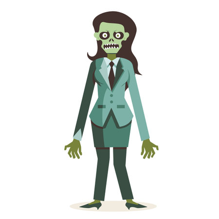 Zombie businesswoman standing wearing professional attire, cartoon undead character, corporate zombie isolated white background. Female suit tie, office attire, green skin, fictional monsterのイラスト素材