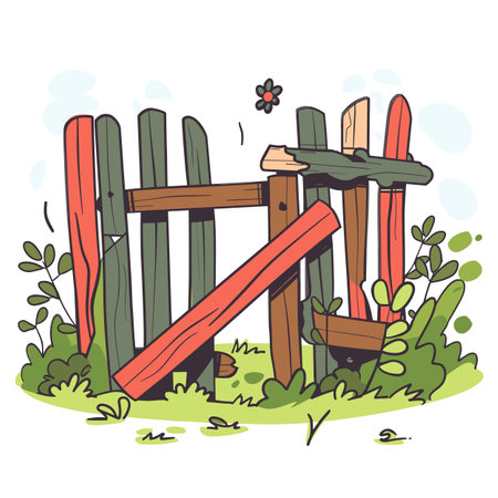 Broken wooden fence garden, colorful cartoon style, greenery surrounding. Damaged green red fence boards, whimsical, comic illustration, overgrown plants. Artistic, playful depiction outdoor woodenのイラスト素材