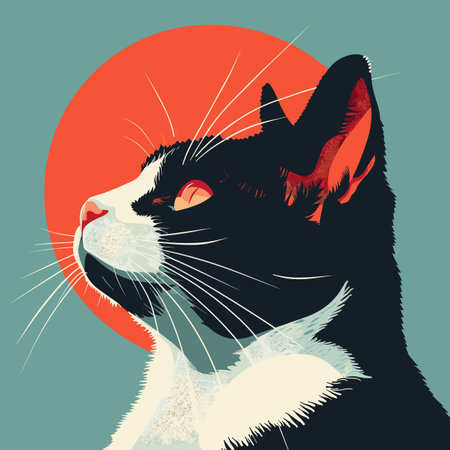 Black white cat profile against red sun, feline elegance, whiskers, graphic art. Domestic pet close up, retro colors, sophisticated cat portrait illustration. Tuxedo artwork, redのイラスト素材
