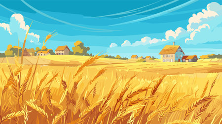 Golden wheat field ripe harvest, serene farmland landscape illustration. Vibrant blue sky fluffy clouds over rural countryside scene, farming background. Quaint farmhouses nestled among treesのイラスト素材