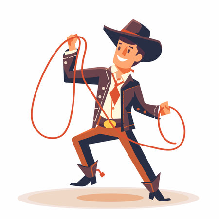 Young male cartoon cowboy twirling lasso, dressed traditional Western attire, performing rodeo skills. Cheerful cowboy illustration wearing hat, boots, spinning rope energetic stance, brown jacketのイラスト素材