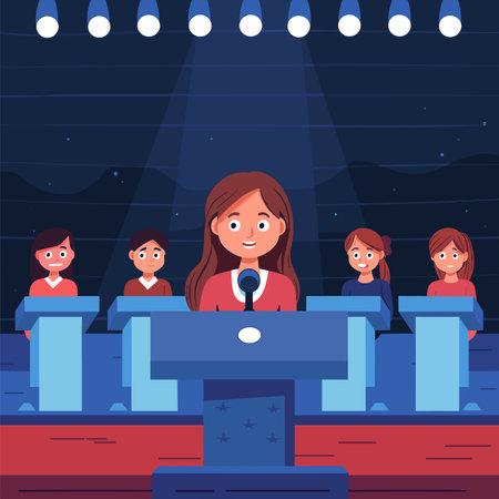 Female speaker podium delivering speech, audience listening, public speaking event. Young woman presenting front panel, confident expression, educational seminar. Cartoon illustration speakerのイラスト素材