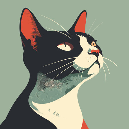 Stylized graphic illustration black white cat, artistic portrait red ears nose. Cat gaze focused side, whiskers green background. Sophisticated feline profile, modern pet artのイラスト素材