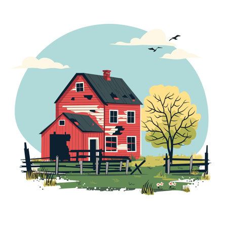 Illustration red farmhouse surrounded fence, autumn tree flying birds. Countryside scene rustic house, wooden fence, nature elements. Graphic rural landscape, farm building, tree against blue skyのイラスト素材