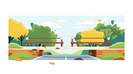 Serene park scene featuring two benches alongside walking path, vibrant foliage shades green yellow, clear blue sky fluffy clouds. No people visible, only tranquil nature urban furniture outdoorのイラスト素材