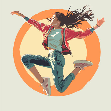 Young adult female jumping joyfully, her silhouette against orange circle backdrop, hair flowing. Energetic leap captured midair, dynamic pose suggesting freedom, happiness. Casual fashion, athleticのイラスト素材
