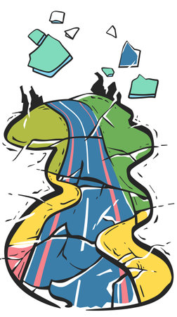 Stylized cartoon map crumpling into destruction, abstract concept. Global crisis map, crumbling, broken geography artwork. Cartoon map falling apart, artisticのイラスト素材