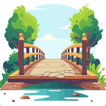 Cartoon wooden bridge crossing tranquil river, surrounded lush greenery clear blue sky. Illustration charming rustic bridge serene nature, ideal storybook scene. Peaceful park setting arched overのイラスト素材