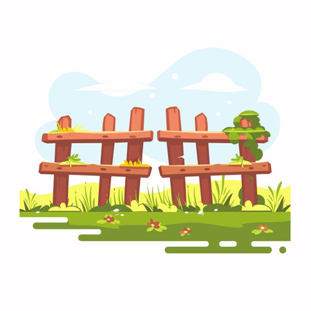 Wooden fence surrounded grass flowers sunny day cartoon style. Rustic wooden fence outdoor nature scene blue sky. Cartoon illustration barrier farm countryside environmentのイラスト素材