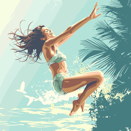 Young woman enjoys summer leap into ocean, joyous beach holiday scene, tropical getaway illustration. Female bikini diving into sea, carefree vacation vibe artwork. Exhilarating jump, seasideのイラスト素材