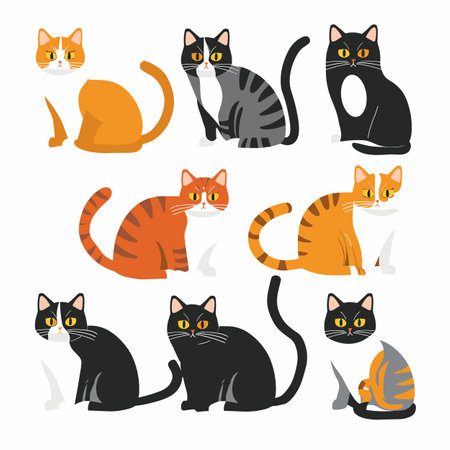 Variety cartoon cats different poses, emotions. Collection colorful feline characters sitting, standing, playing, orange black stripes. Cute cat illustrations isolated white backgroundのイラスト素材