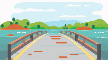Wooden bridge crossing river towards green hills under blue sky. Peaceful landscape tranquil nature scene vector illustration. Daytime outdoor scenery serene lake wooden pathwayのイラスト素材