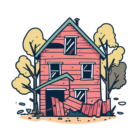 Red wooden cabin surrounded yellow trees. Cartoon style cozy house, autumn season. Broken window shutters, cartoon home exterior designのイラスト素材