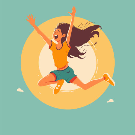 Young girl jumping high, expressing joy freedom against teal sky background, hair blowing wind. Cartoon character sports casual attire, sneakers, shorts, tshirt, lively carefree pose. Cheerfulのイラスト素材