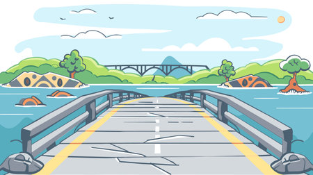 Wooden pier overlooking calm river, clear sky, sun, submerged tents indicate recent flooding. Peaceful riverfront scene featuring boardwalk, camping disaster submerged equipment. Illustrationのイラスト素材