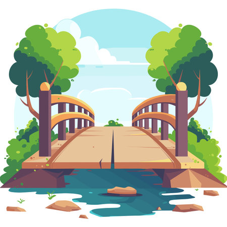 Wooden bridge over tranquil river, surrounded lush greenery under blue sky. Cartoonstyle vector illustration bridge scenic landscape. Peaceful nature setting crossing water, flanked treesのイラスト素材