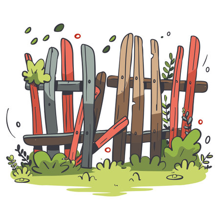 Colorful wooden fence surrounded green foliage. Cartoon style drawing old, quirky garden barrier. Vibrant hues brown, green, red dominate illustrationのイラスト素材