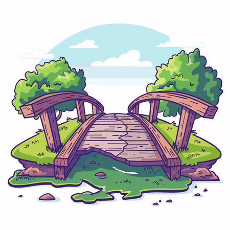 Colorful wooden bridge over stream cartoon vector illustration. Lush green trees, clear blue sky, serene nature setting. Artistic drawing small bridge, peaceful landscape, outdoor fantasy sceneのイラスト素材