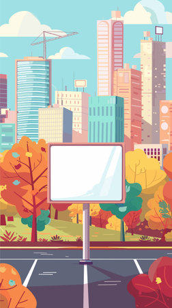 Urban cityscape modern skyscrapers, construction crane, billboard, autumn trees. Cartoon style city parking lot, colorful foliage, empty advertisement board. Clear blue sky, fall urban scene diverseのイラスト素材