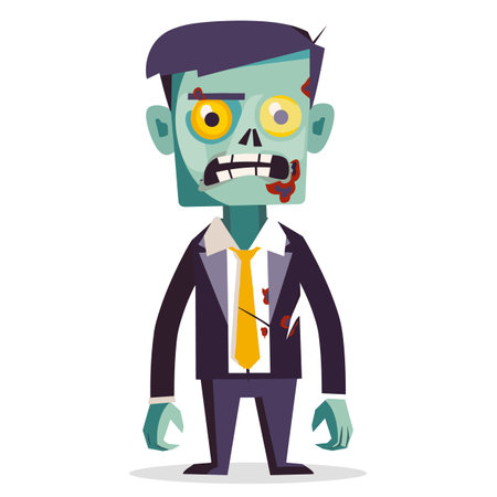 Zombie businessman cartoon character looking disheveled scary. Undead corporate figure wearing torn suit yellow tie, green skin, spooky eyes. Halloween themed vector illustration monstrous officeのイラスト素材