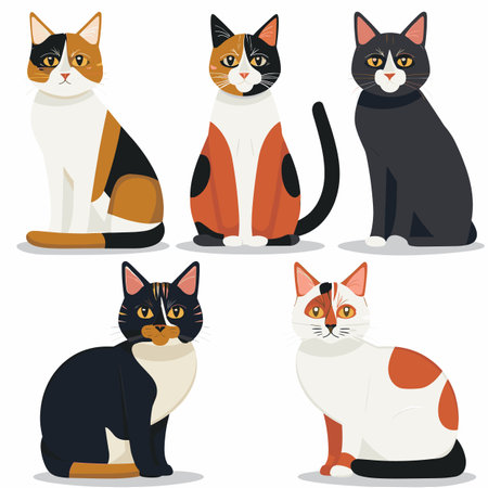 Set various calico cats sitting standing looking forward, different patterns colors. Multiple calico cats unique fur markings, attentive expressions cute feline friends collection. Cartoon catsのイラスト素材